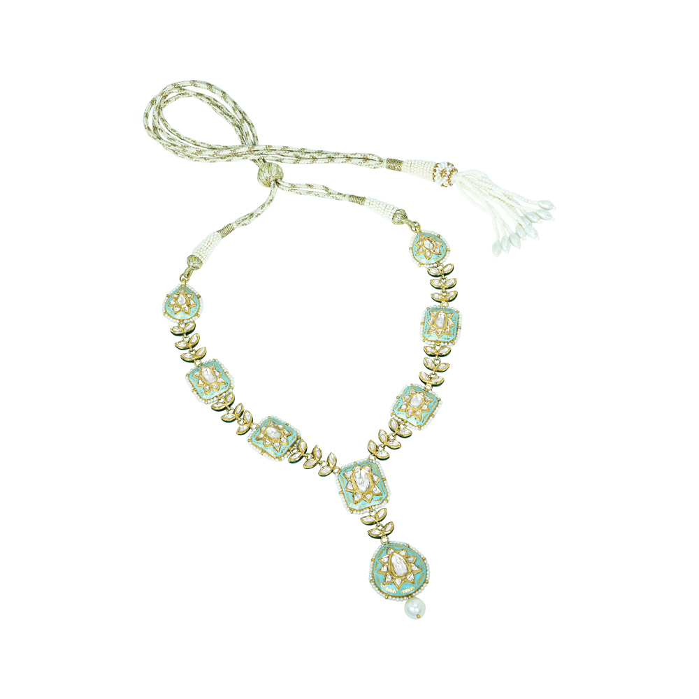 Square Polki Necklace with Turquoise Enamel and Pearl Drop